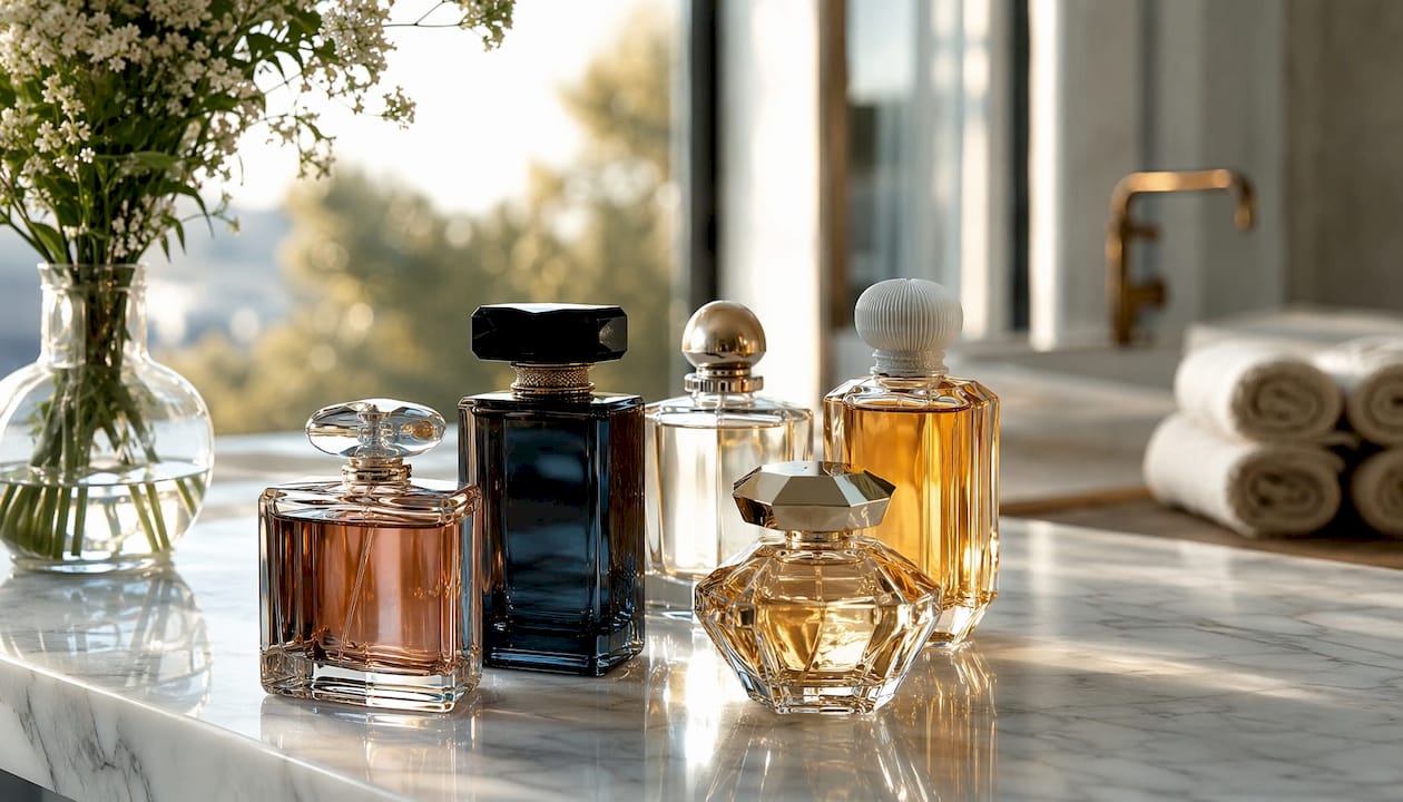 Detalle de exclusivos frascos de perfume sobre una mesa de madera