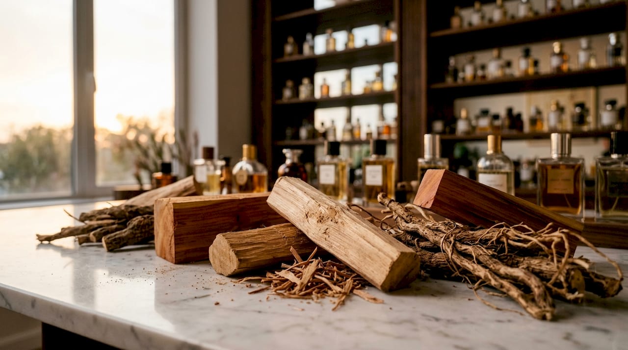En el taller contamos con muestras de madera de sándalo, cedro y vetiver para apreciar sus diferentes texturas y aromas.