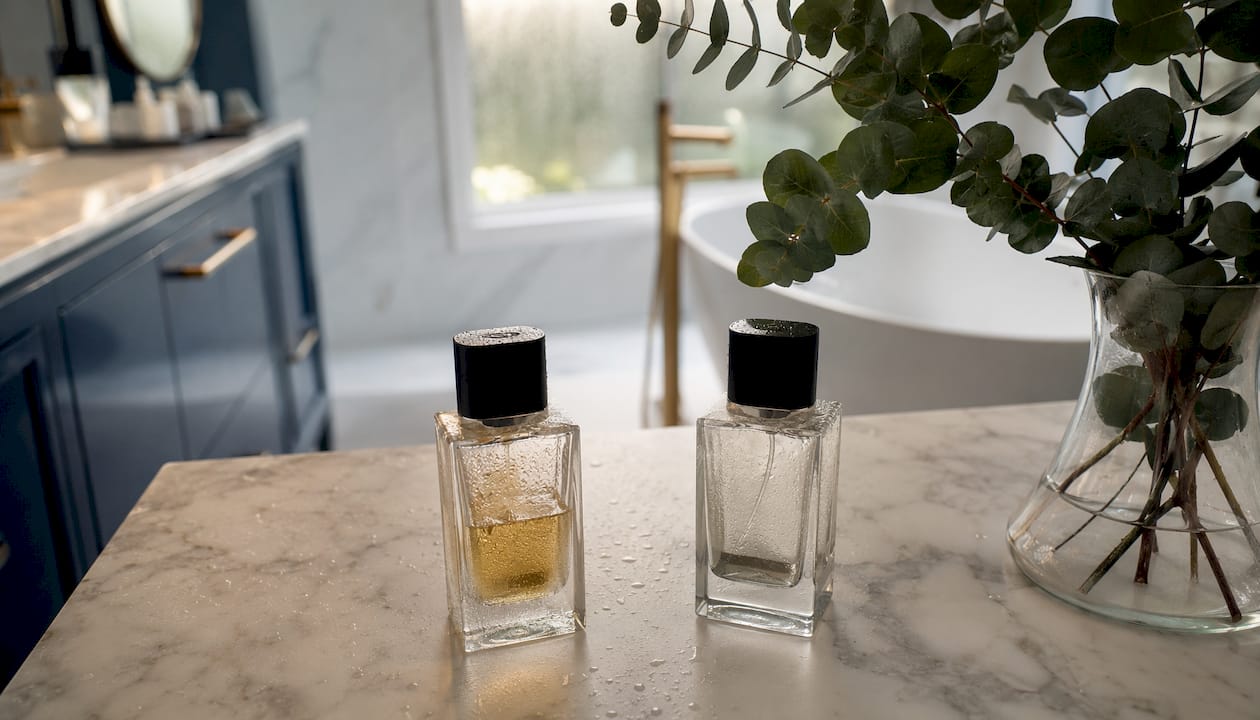 Perfume bottles fogged on humid bathroom counter