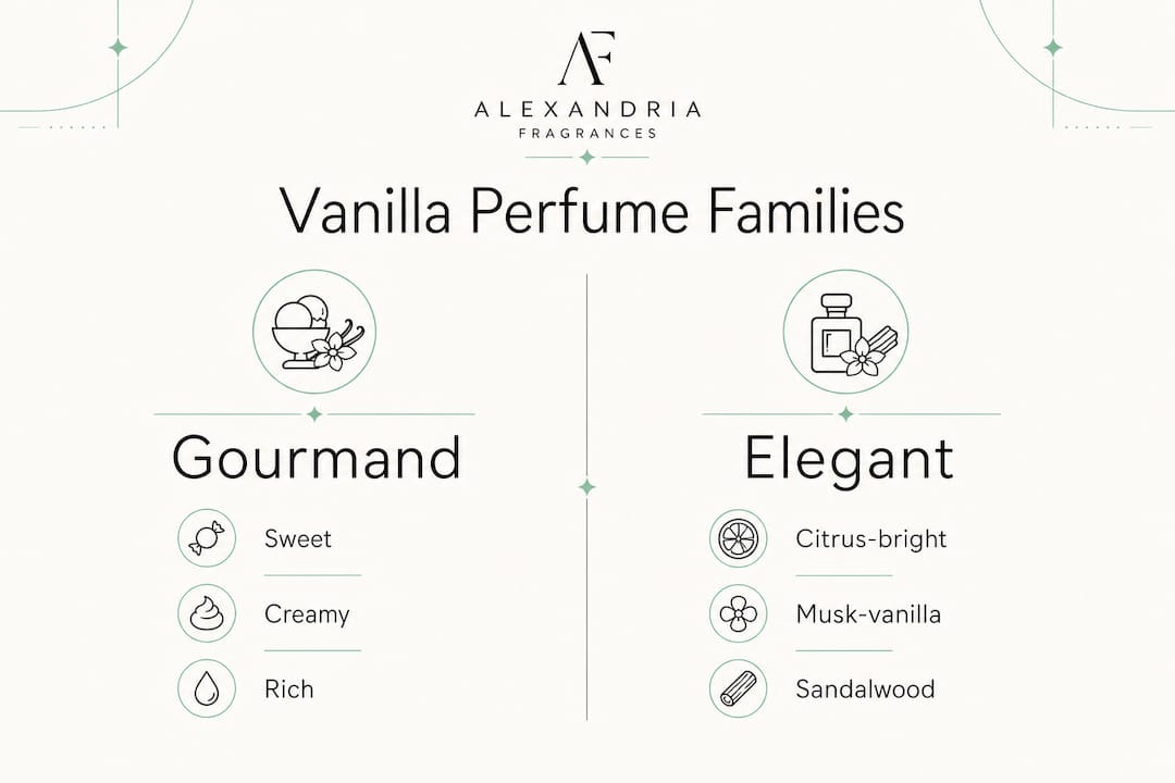Infographic comparing gourmand and elegant vanilla perfumes