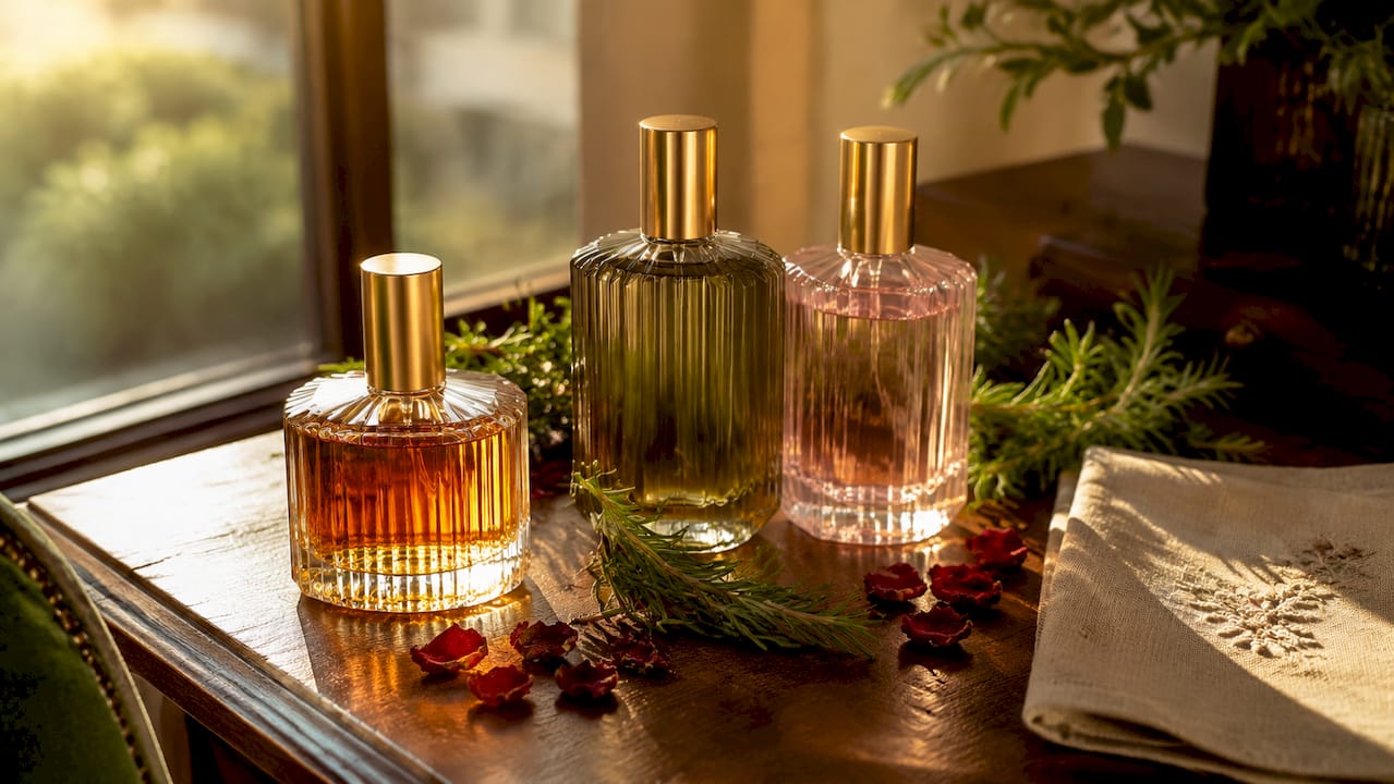 Close-up of cologne bottles with natural elements