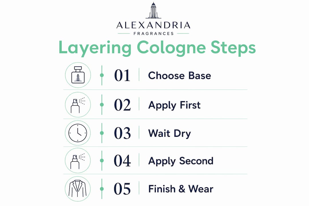 Infographic showing step-by-step cologne layering process