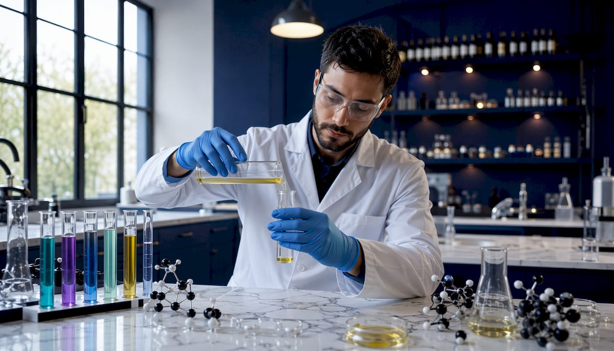 Des mains expertes manipulant des instruments de chimie du parfum
