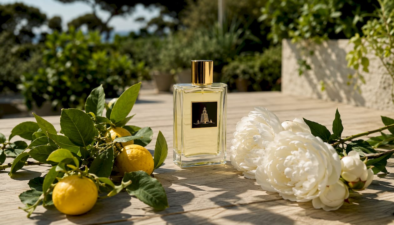 Flacon de parfum aux notes d’agrumes et de fleurs posé sur une élégante surface en marbre.
