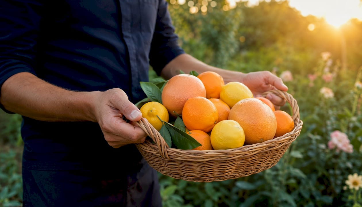 Unas manos de hombre sostienen una bandeja repleta de frutas cítricas