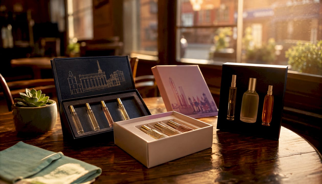 Flat lay of affordable UK perfume gift sets