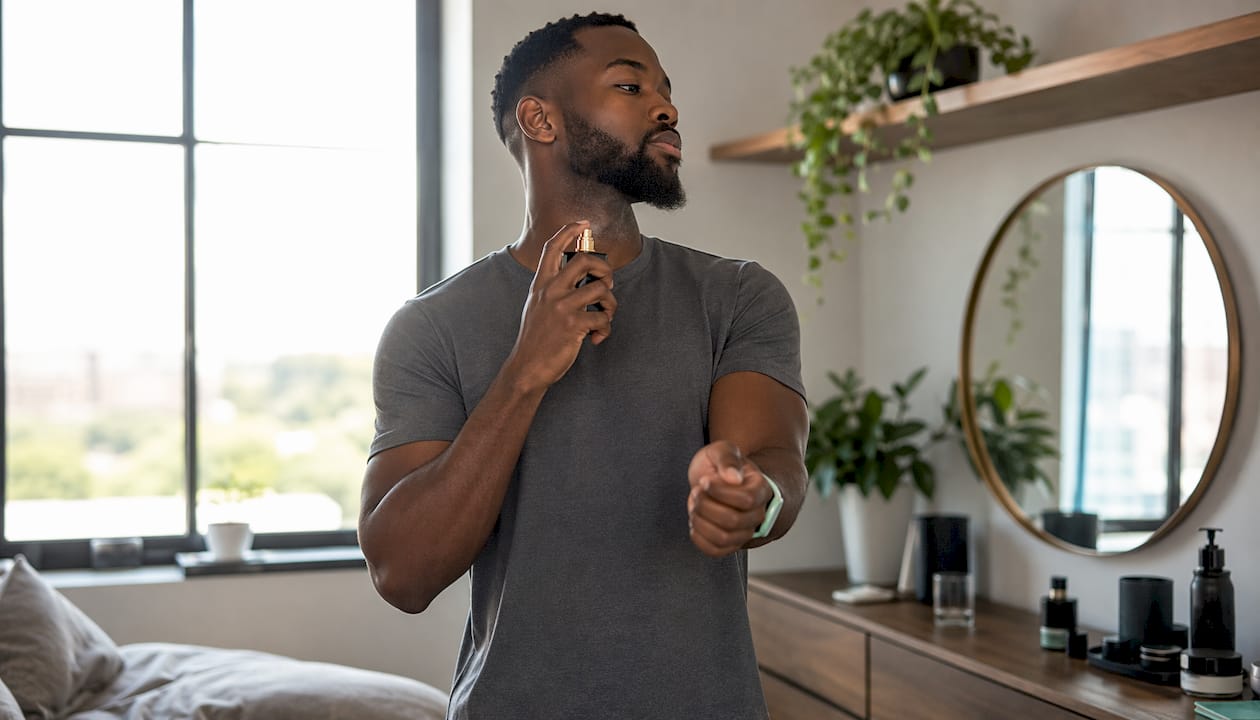 Man applying fragrance on wrist and neck