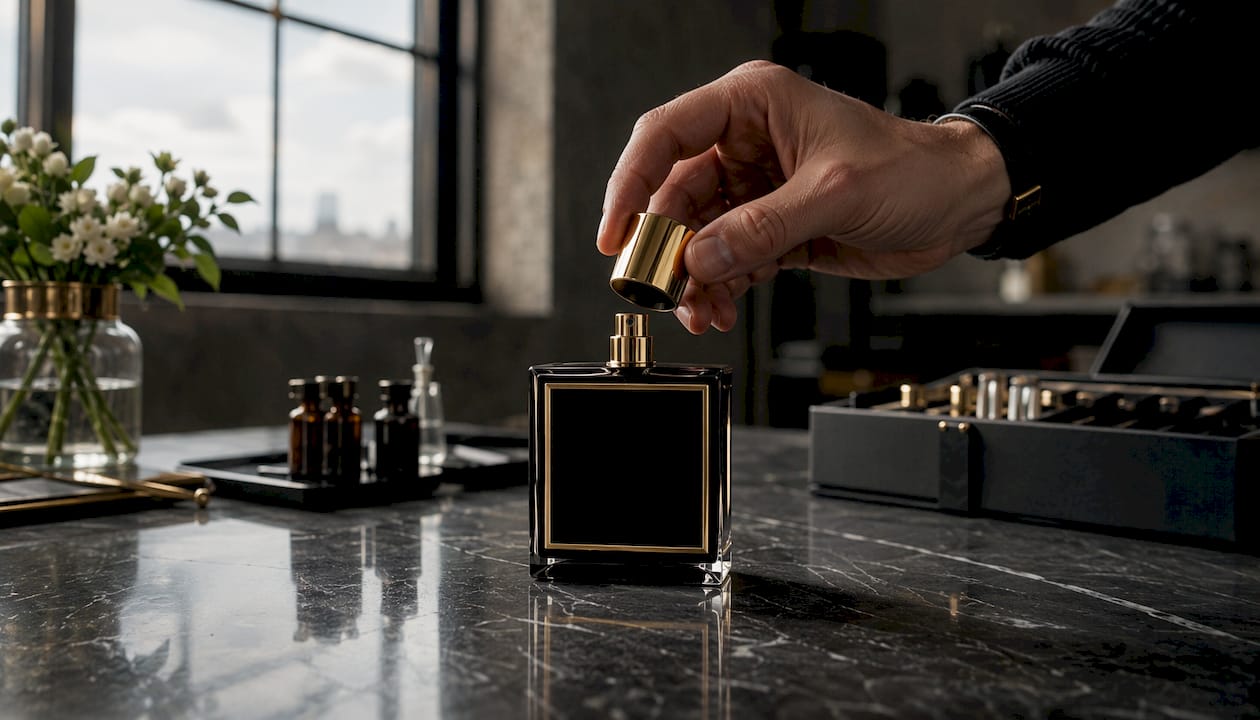 Détail soigné sur un flacon de parfum et son bouchon haut de gamme