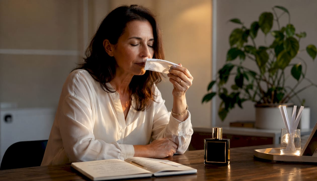 Une femme imprègne un tissu de parfum pour en apprécier les notes à la lumière du jour.