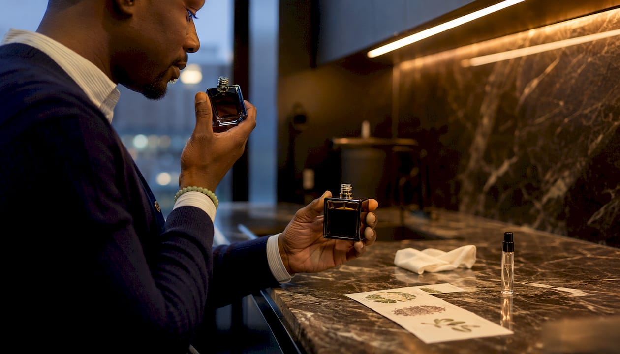 Hands comparing two perfume bottles with scent notes