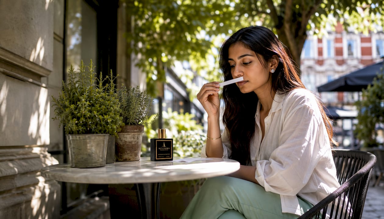 Woman smelling perfume sample in boutique
