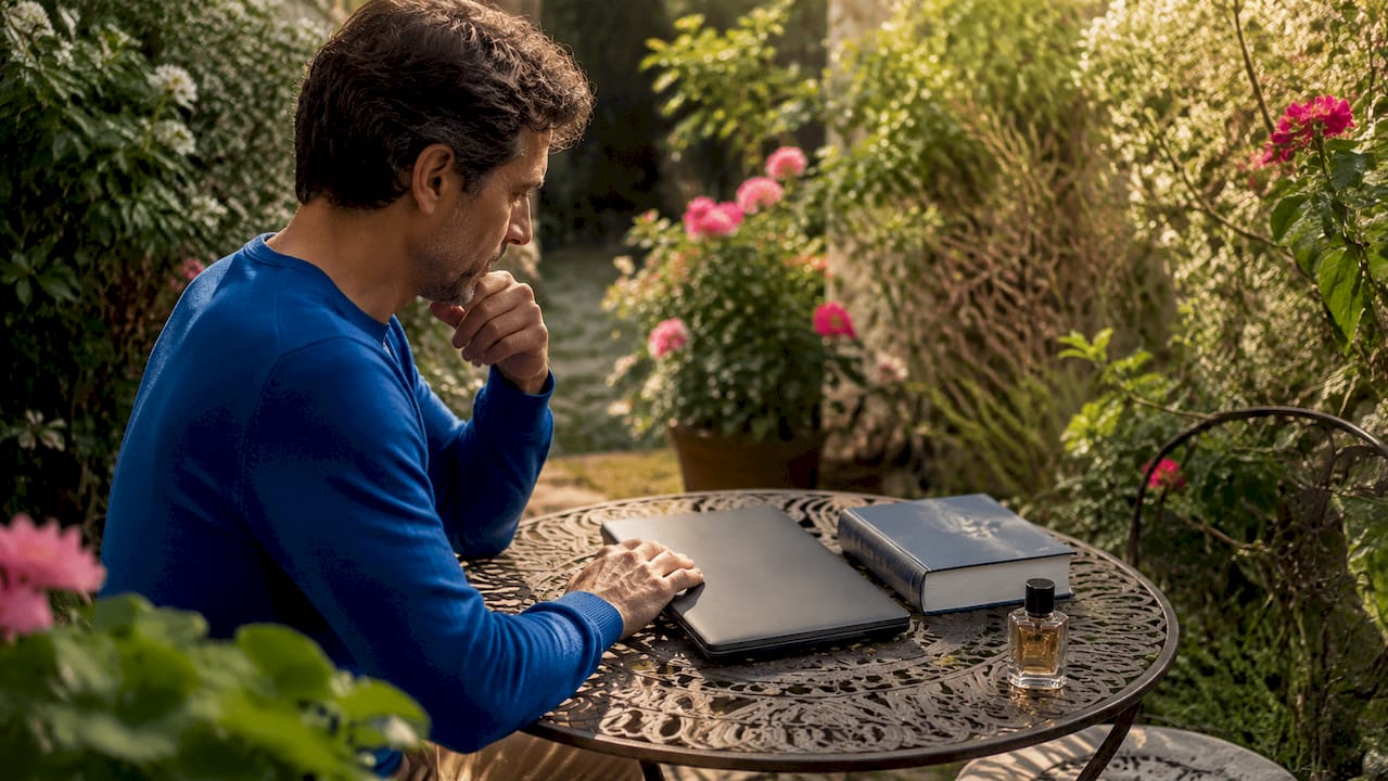 Installé dans son bureau à la maison, un homme compare tranquillement les meilleures offres de parfums sur Internet.