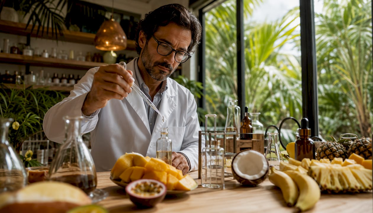 Especialista en química desarrollando aromas y sabores a partir de frutas tropicales