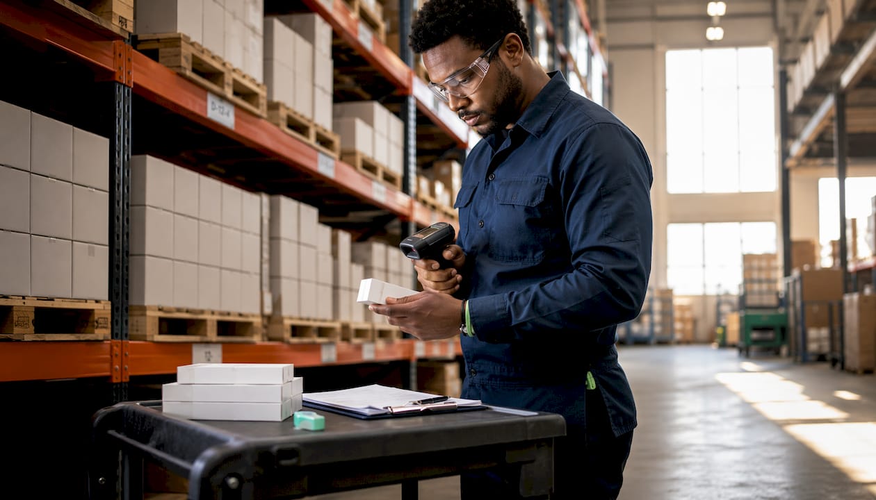 Warehouse worker managing wholesale perfume inventory