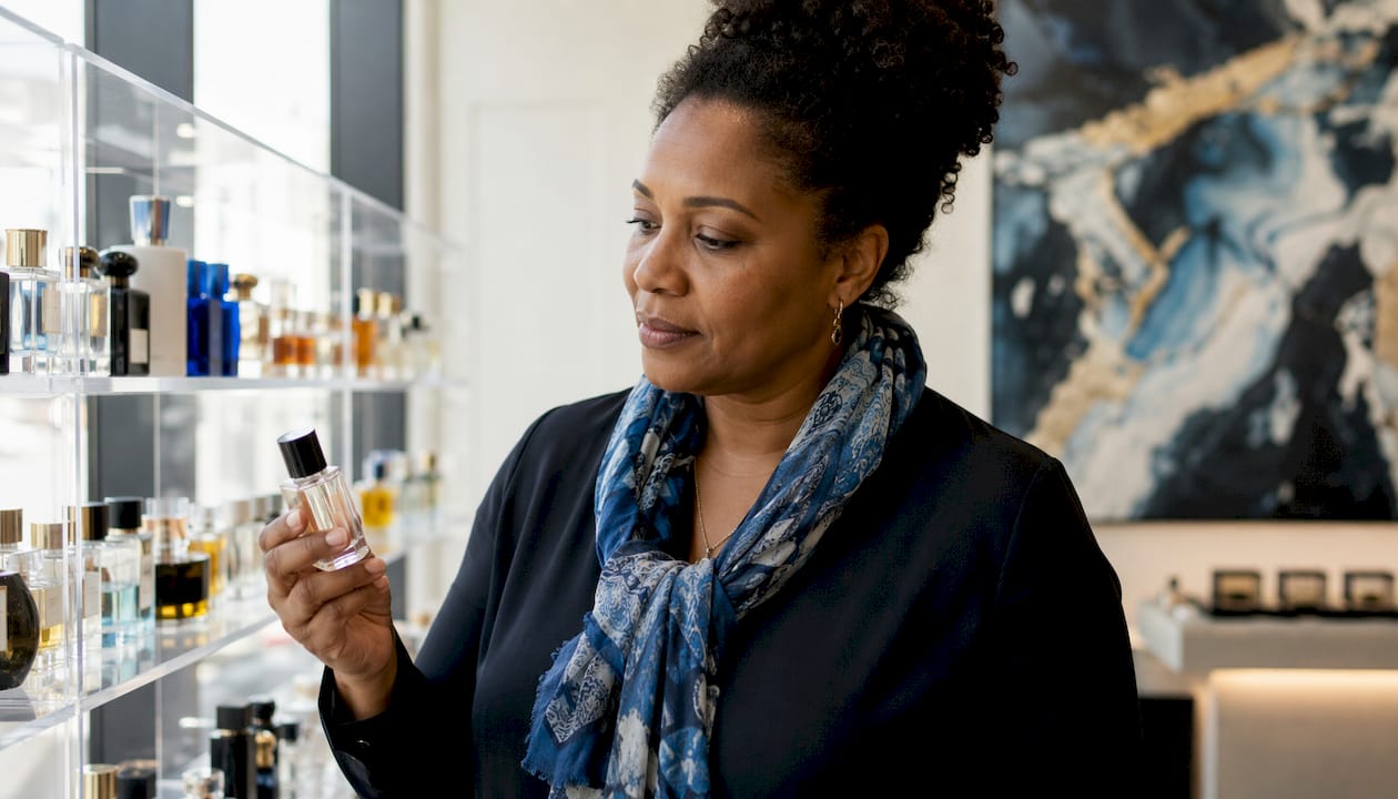 Persona comparando ofertas y promociones en productos de perfumería