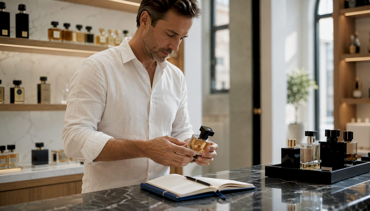 Une personne découvre le parfum Alexandriauk en boutique, flacon en main.