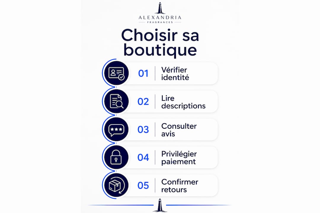 Visuel en format vertical présentant, étape par étape, comment bien choisir sa parfumerie en ligne