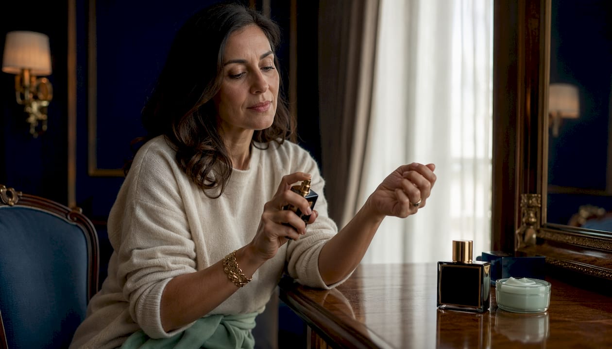 Woman applying cologne on wrist in bathroom
