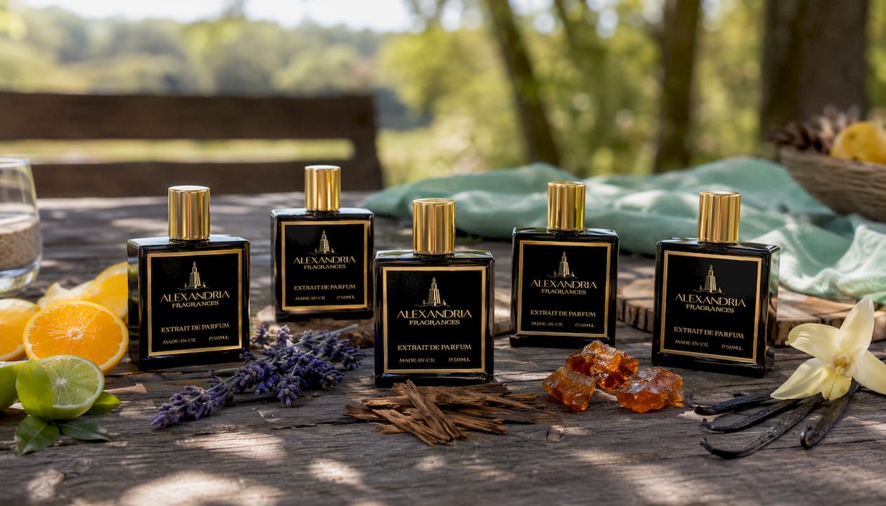 Cologne bottles with scent family ingredients overhead