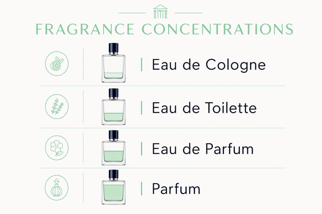 Infographic showing fragrance concentration types with longevity and usage