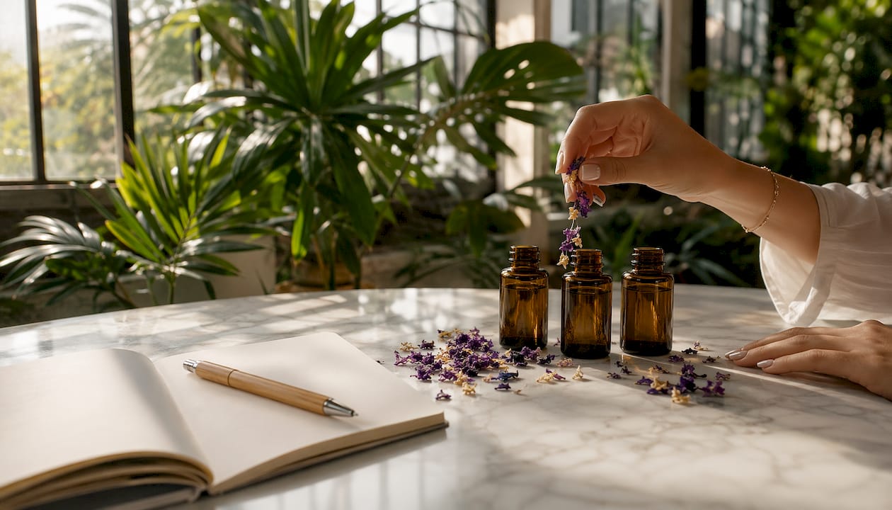 Des mains s'activent pour assembler des ingrédients parfumés, dans une ambiance épurée, sur une table soigneusement organisée.