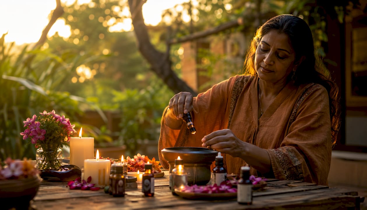 Mujer participando en un ritual tradicional rodeada de aromas y esencias.