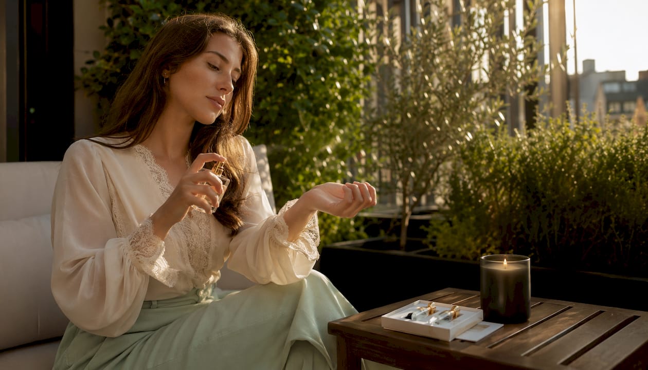 Woman applying perfume at home vanity