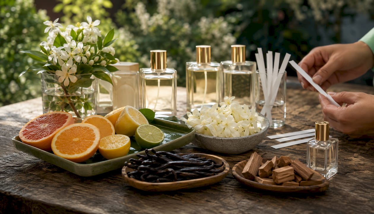 Flat lay of perfume scent family ingredients