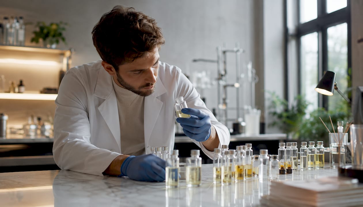 Des mains manipulent délicatement des flacons d’huiles essentielles dans un laboratoire de parfumerie.