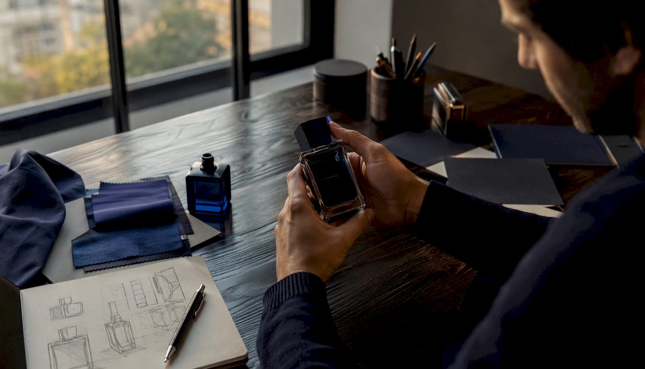 Diseñador analizando el diseño de un frasco de perfume