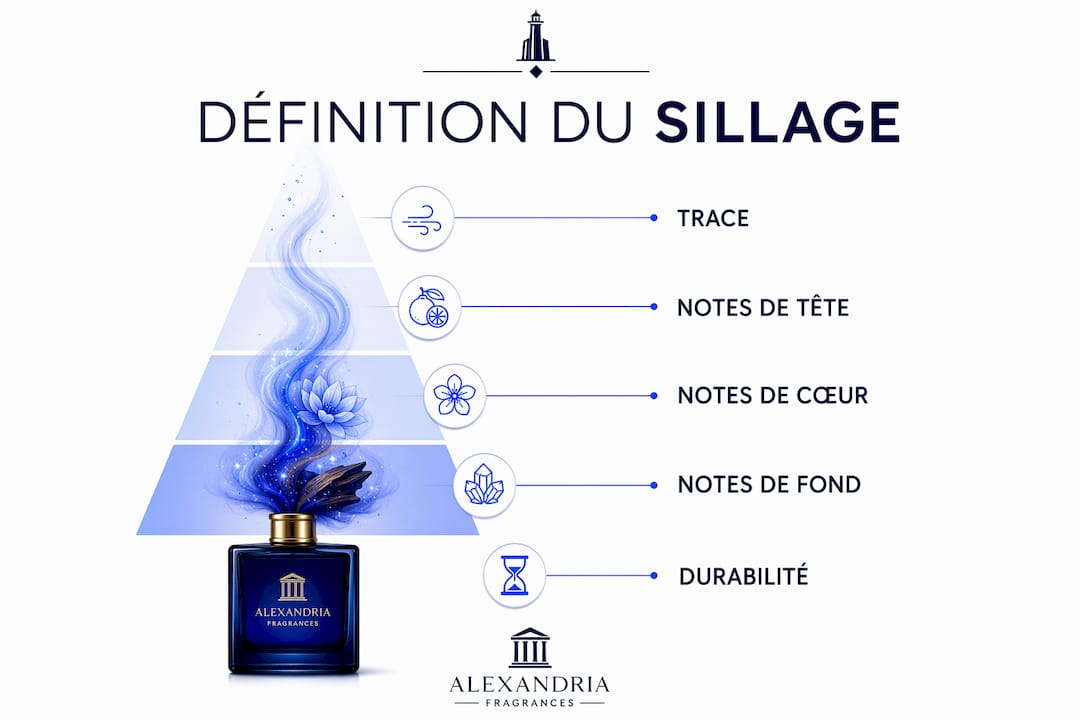 Infographie détaillant la notion de sillage en parfumerie et ses principaux éléments constitutifs.