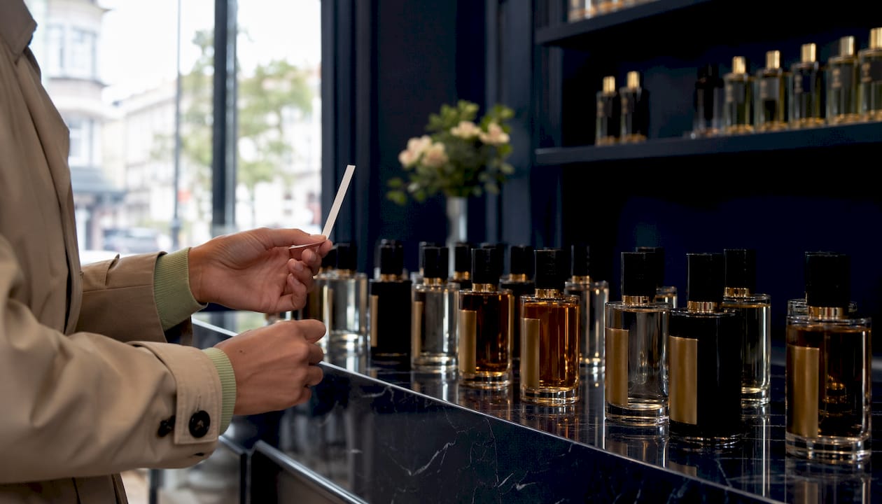 Close-up of musky perfume bottles on boutique shelf