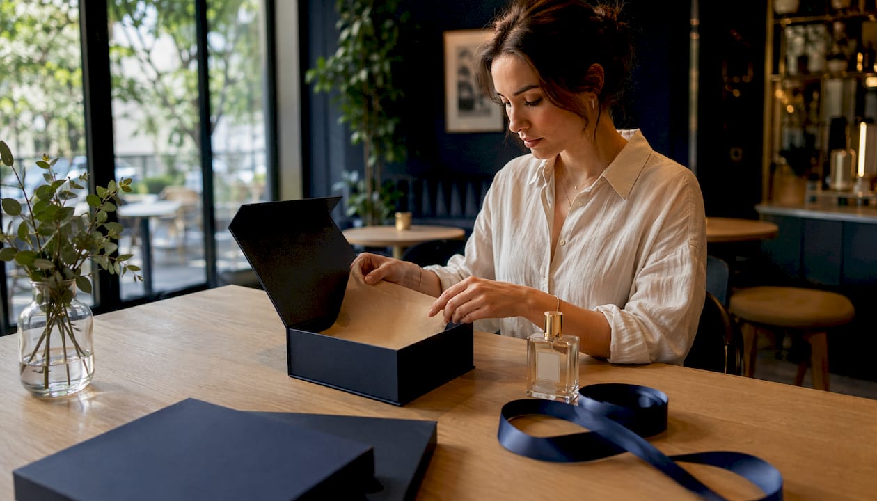 Des mains expertes prenant soin de sublimer un coffret parfum raffiné.