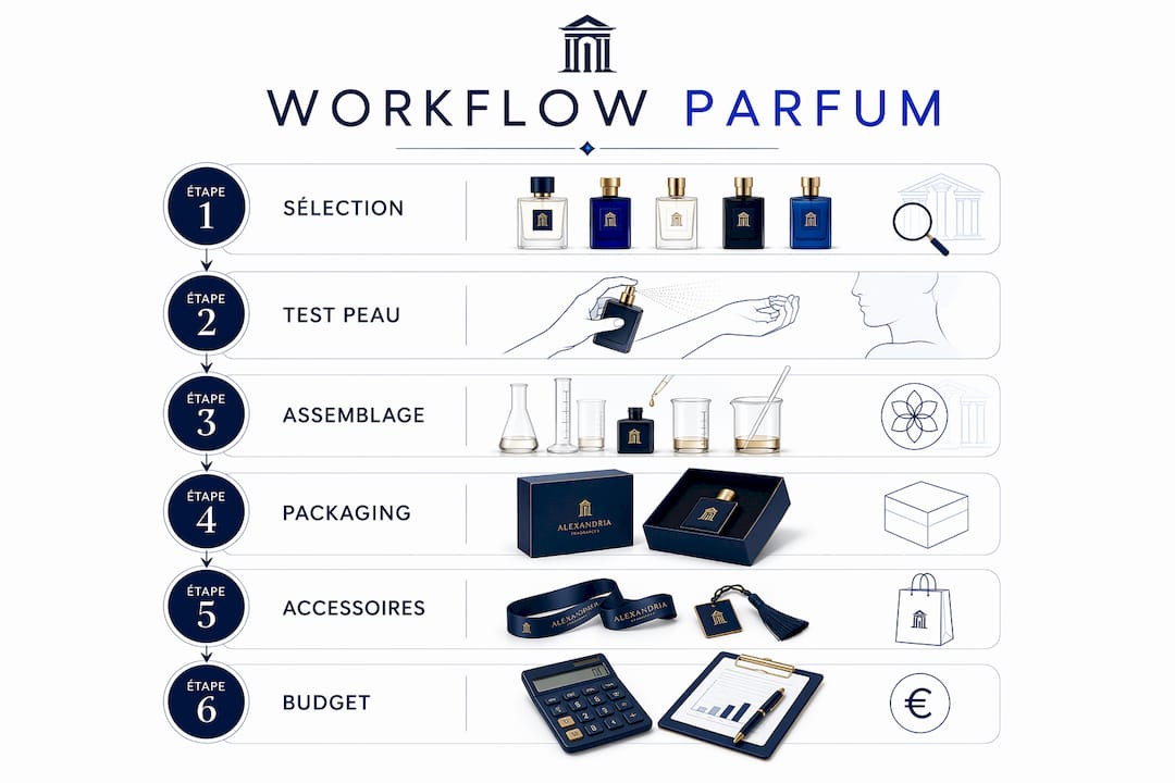 Schéma des différentes étapes de création d’un coffret parfumé