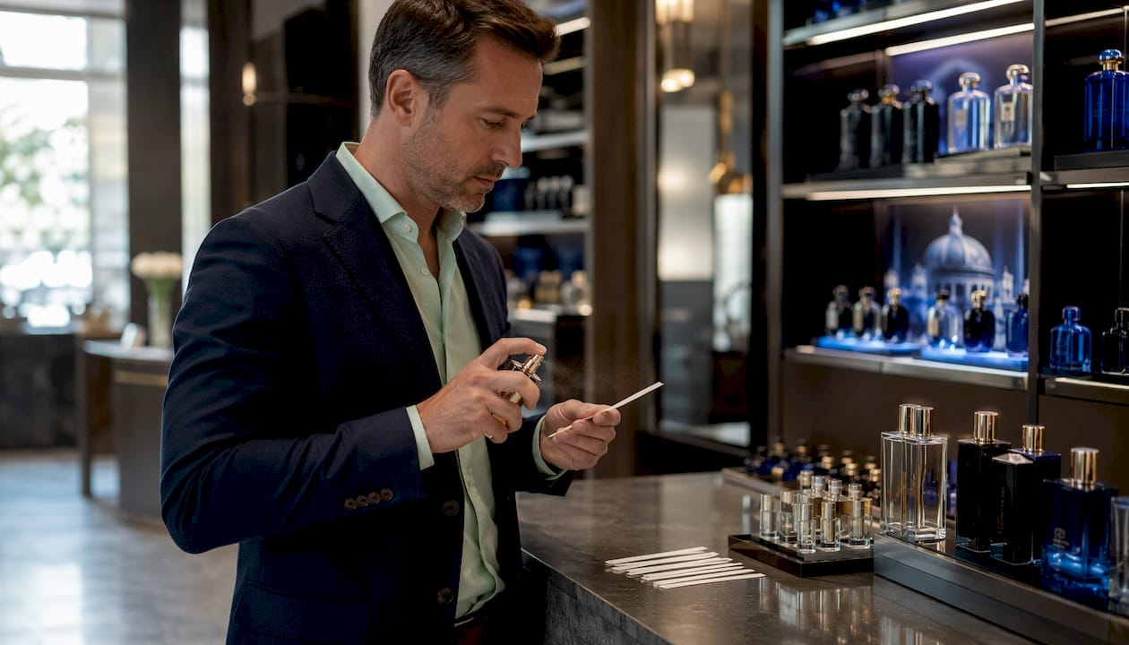 Man spraying perfume tester strip at department store counter
