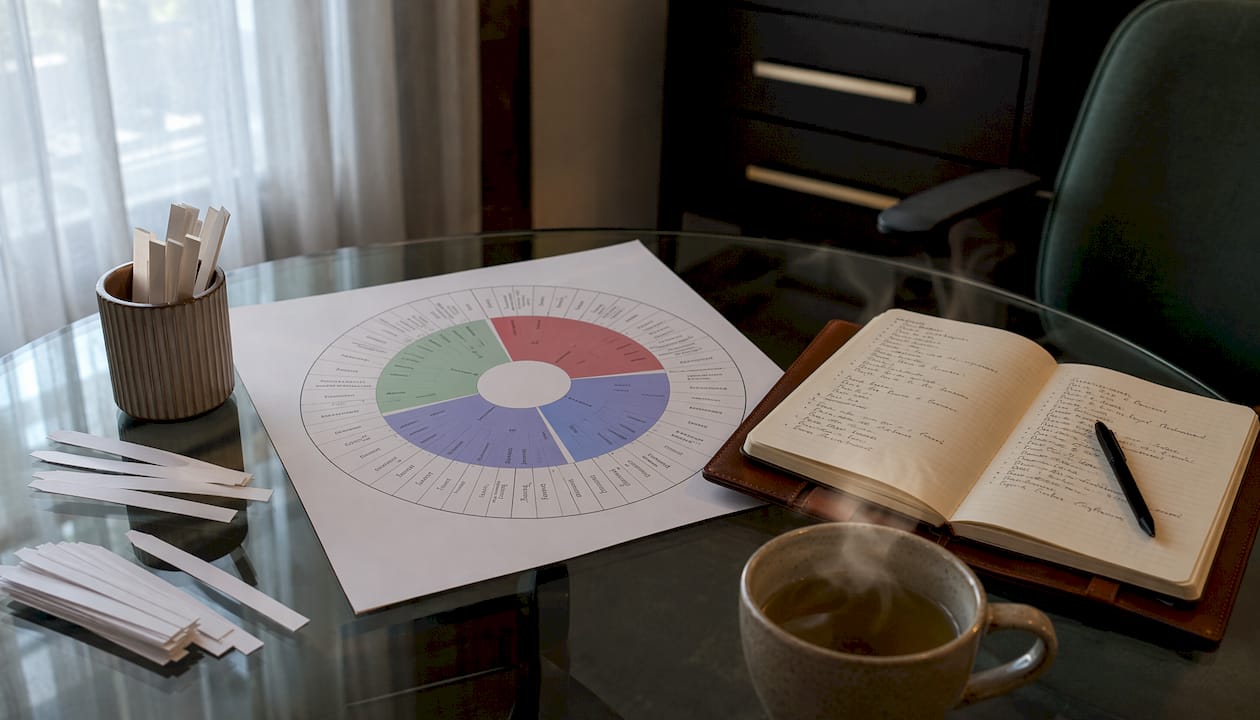 Overhead view of fragrance wheel with scent strips and notebook
