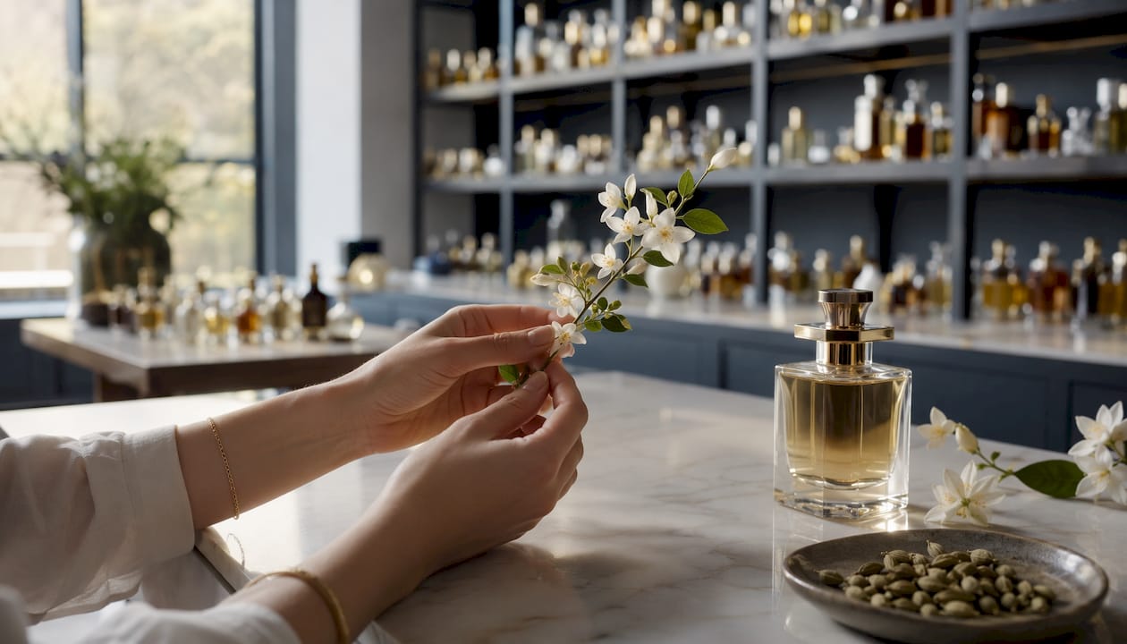 Unas manos presentan delicadamente flores de jazmín y vainas de cardamomo, ingredientes esenciales para crear un perfume.