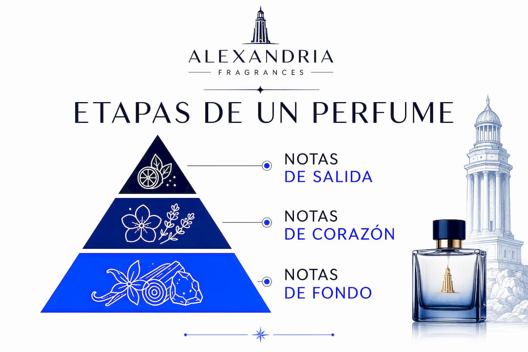 Infografía en formato vertical que ilustra las diferentes fases de un perfume