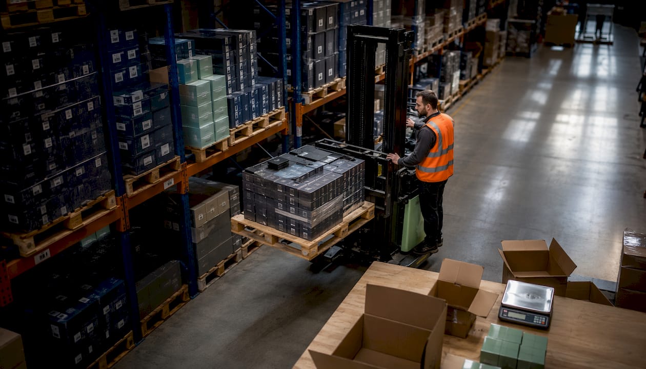 Fragrance distributor warehouse with pallets and worker