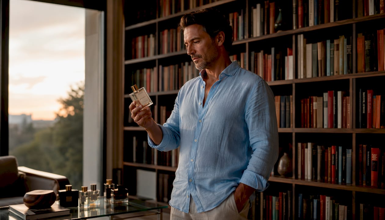 Un homme hésite devant sa collection de parfums dans son salon, cherchant celui qui correspondra le mieux à l’ambiance de la saison.