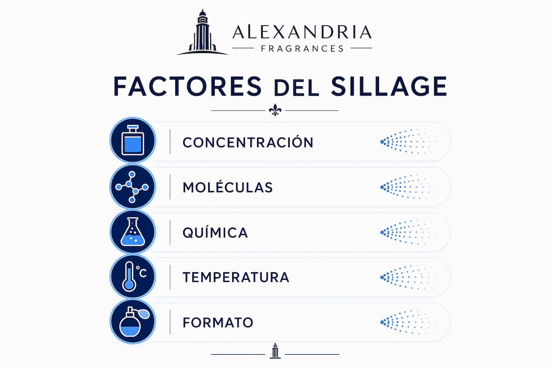 Infografía sobre los principales elementos que influyen en la estela de un perfume