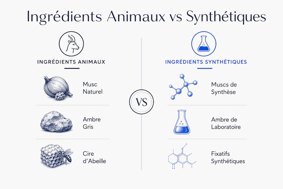 Infographie : quelles différences entre les ingrédients d’origine animale et les composants synthétiques dans la création des parfums ?