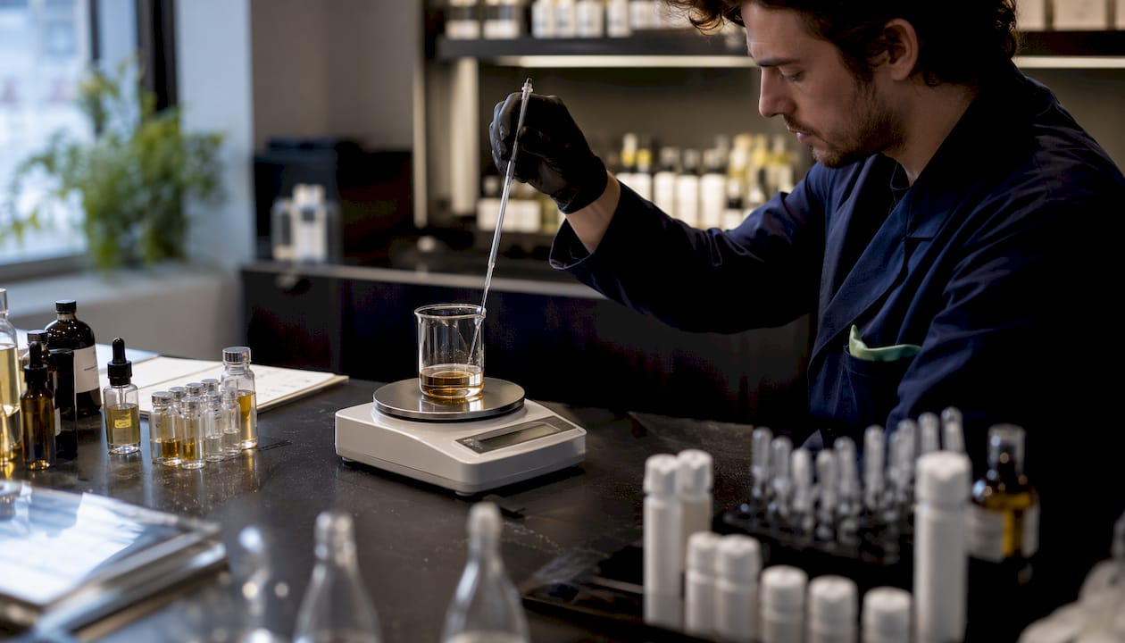 Hands weighing perfume ingredients on precision scale