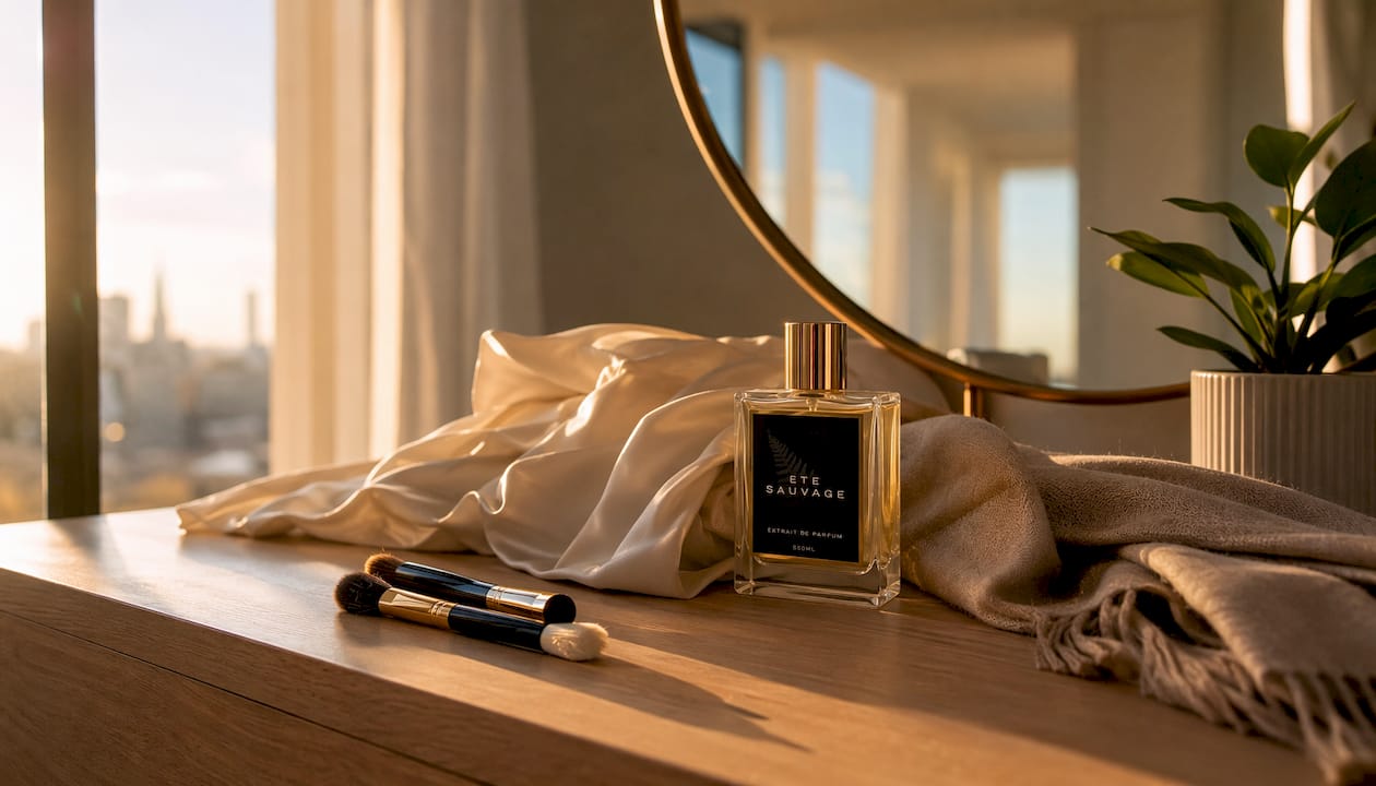 Vista cenital de un conjunto de perfume, ropa y complementos.