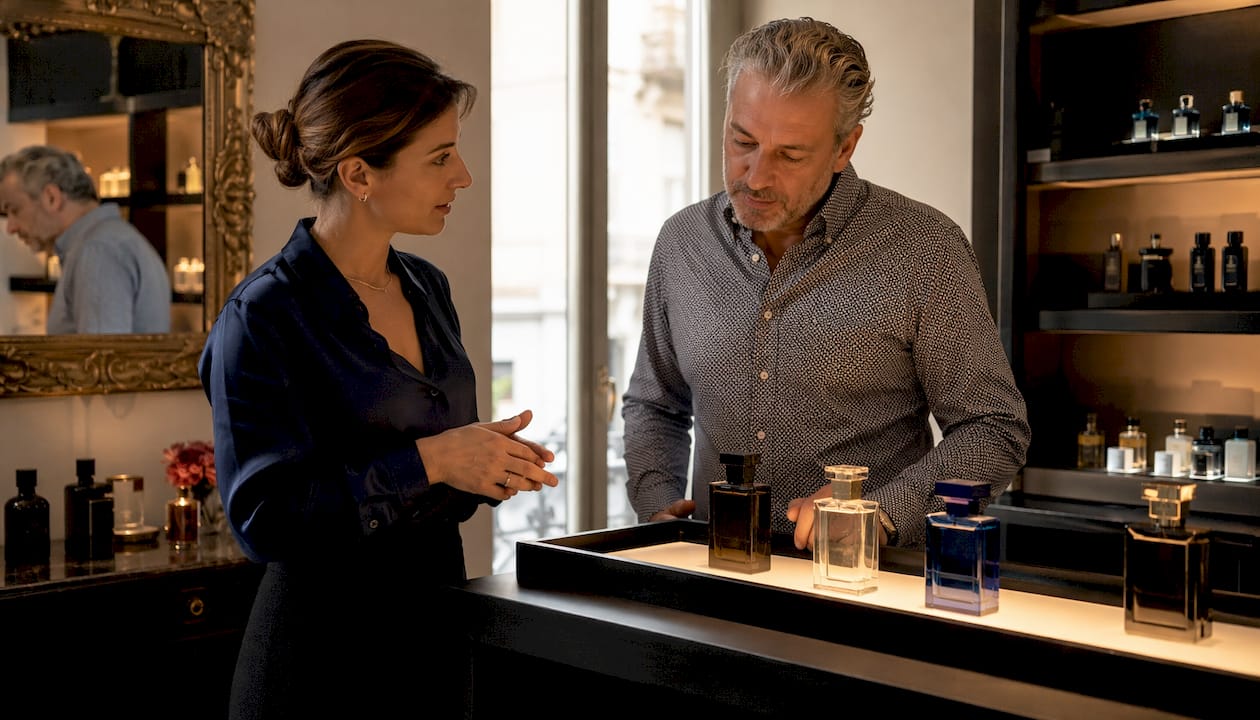 Des clients prennent le temps de découvrir et de comparer différents parfums dans l’atmosphère feutrée d’une petite parfumerie.