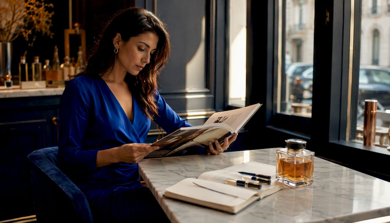 Des mains présentent un smartphone d’un côté et un flacon de parfum de l’autre.