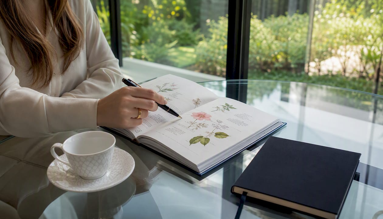 Carnet illustré sur les différentes notes olfactives, accompagné d’une main tenant un stylo