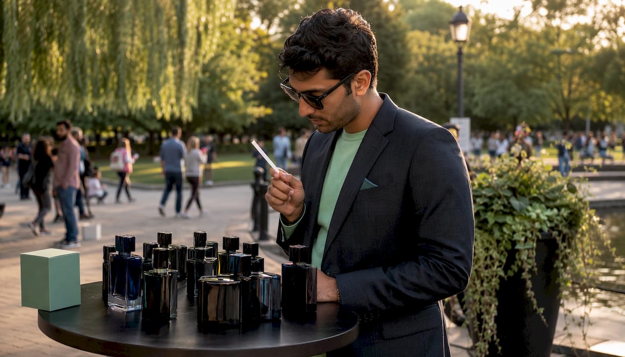 Young man reviewing men's colognes outdoors