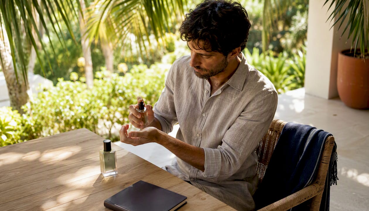 Un homme profite de la douceur du soir sur son balcon pour vaporiser son parfum Mediterranean Coast.