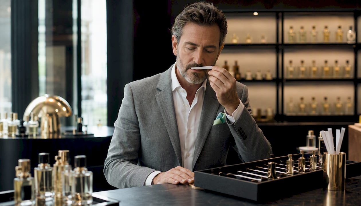 Man testing perfume sample in boutique